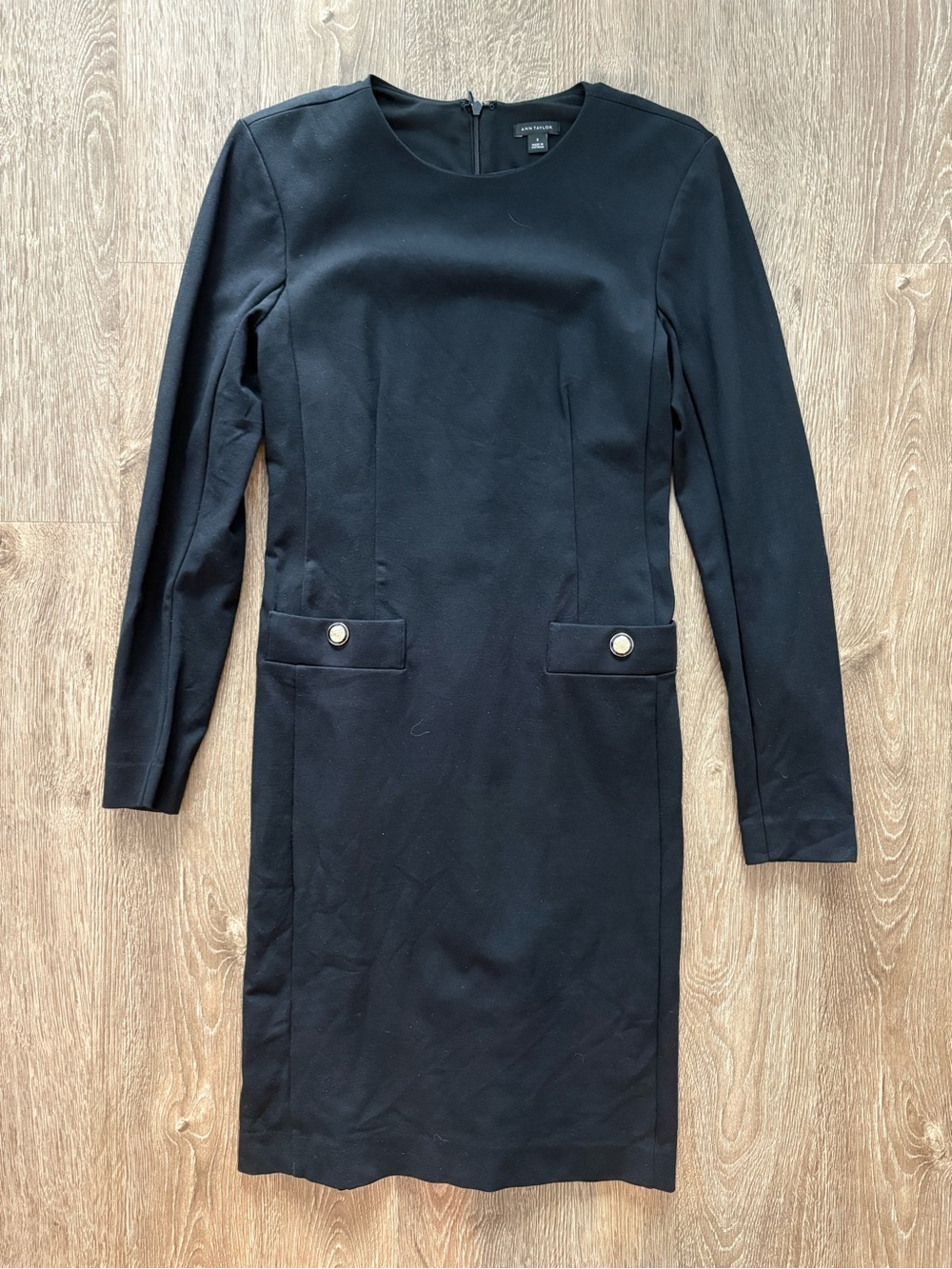 Ann Taylor Black Long-Sleeve Sheath Dress with Button Pocket Detail